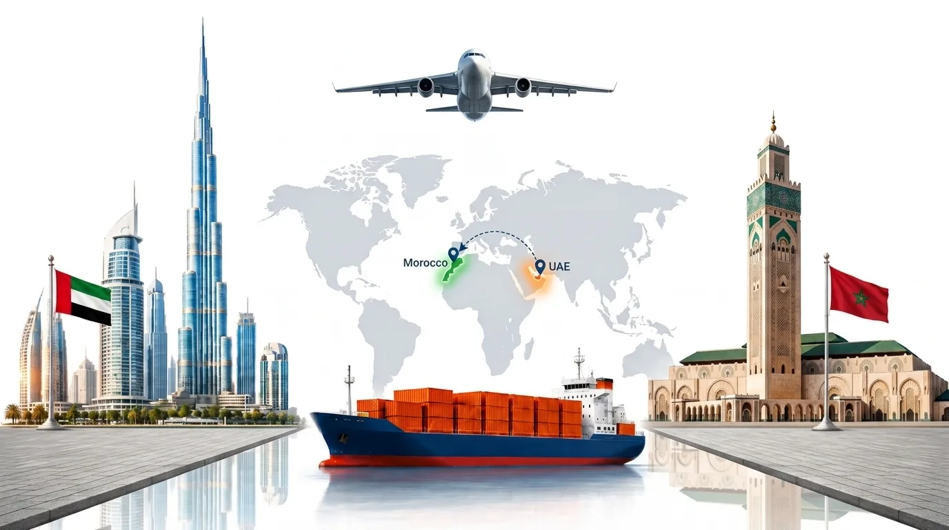 A wide pencil-style drawing of the Dubai to Morocco shipping lane: on the left the Dubai skyline with the Burj Khalifa and the UAE flag, on the right a Morocco landmark and the national flag, joined by a dotted route across a pale world map with a container ship below and an aircraft above