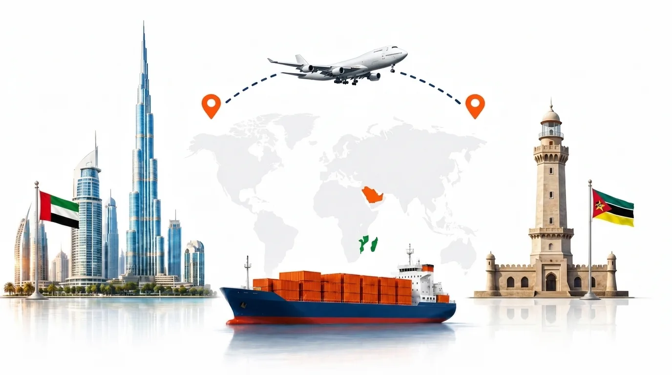 A wide pencil-style drawing of the Dubai to Mozambique shipping lane: on the left the Dubai skyline with the Burj Khalifa and the UAE flag, on the right a Mozambique landmark and the national flag, joined by a dotted route across a pale world map with a container ship below and an aircraft above