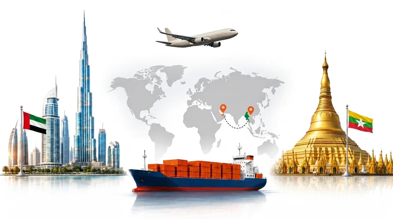 A wide pencil-style drawing of the Dubai to Myanmar shipping lane: on the left the Dubai skyline with the Burj Khalifa and the UAE flag, on the right the Shwedagon Pagoda in Yangon and the Myanmar flag, joined by a dotted route across a pale world map with a container ship below and an aircraft above