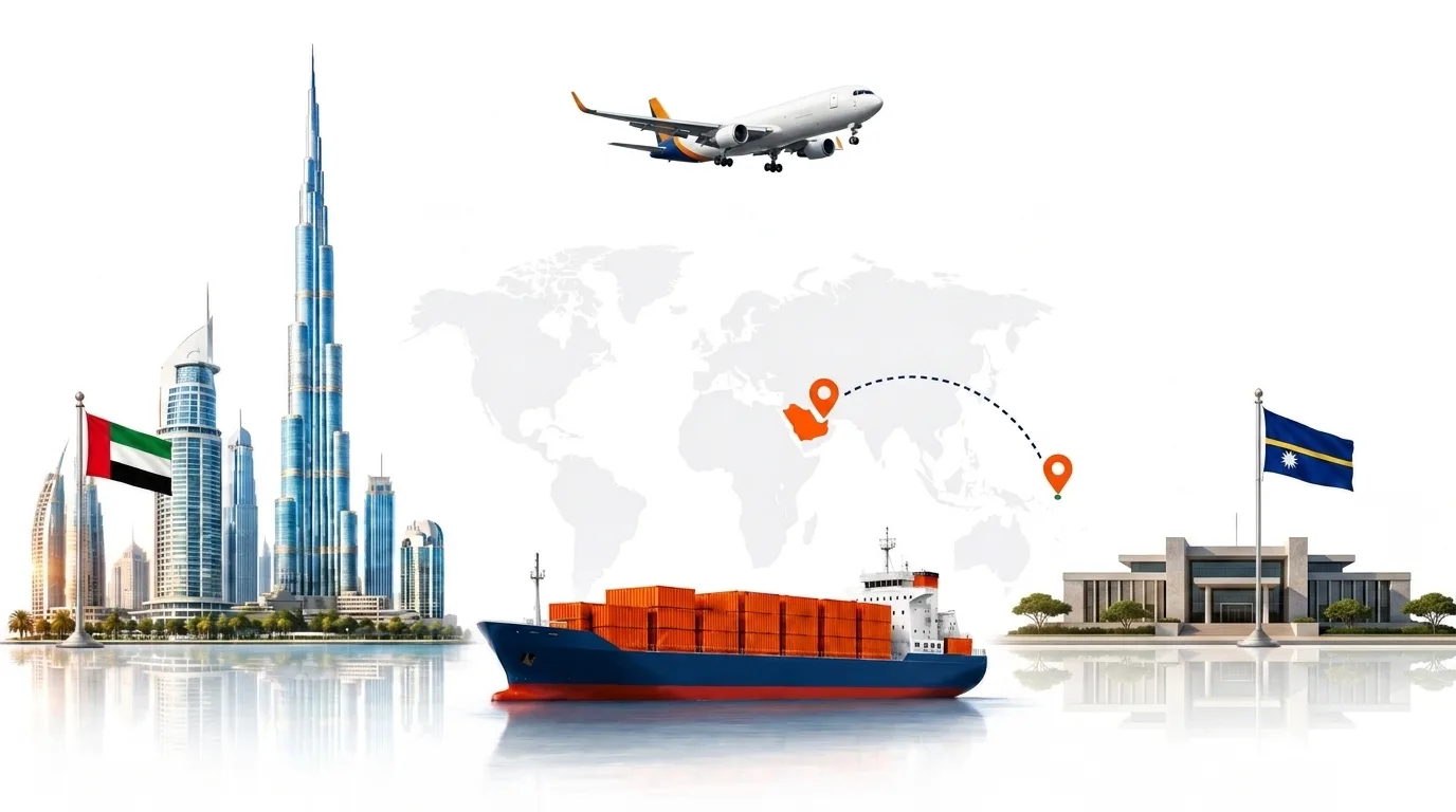 A wide pencil-style drawing of the Dubai to Nauru shipping lane: on the left the Dubai skyline with the Burj Khalifa and the UAE flag, on the right the low raised coral island of Nauru with its coastal road and the Nauru flag, joined by a dotted route across a pale world map with a container ship below and an aircraft above