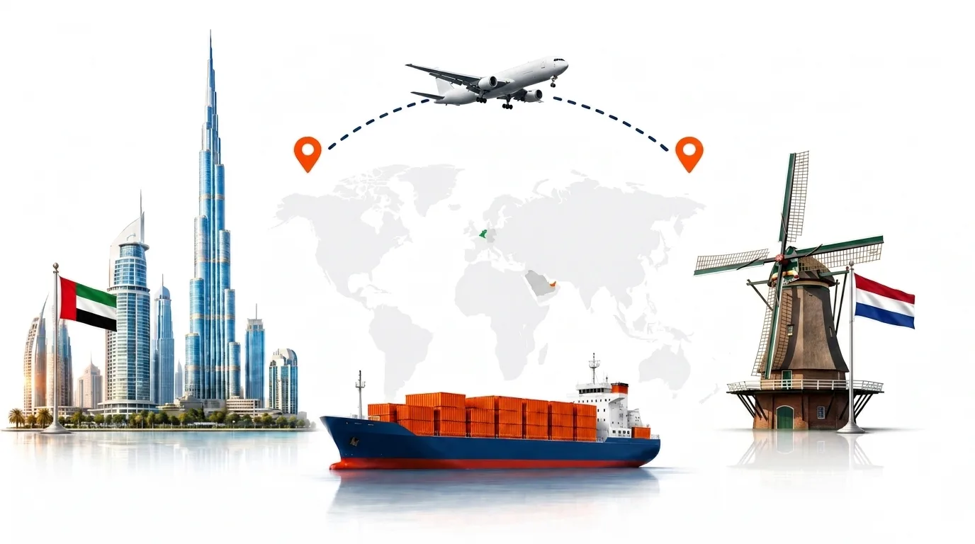 A wide pencil-style drawing of the Dubai to Netherlands shipping lane: on the left a globe traced with dotted flight paths, an airliner, a container ship loaded with orange containers and the Dubai skyline behind the UAE flag; on the right the outline of the Netherlands with its national flag, a landmark, quayside cranes and a second vessel, the two joined by a dotted route across the frame