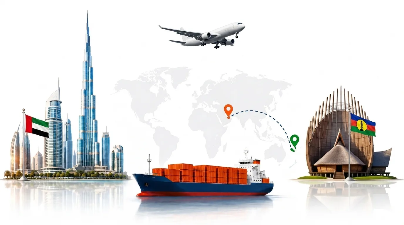 A wide pencil-style drawing of the Dubai to New Caledonia shipping lane: on the left the Dubai skyline with the Burj Khalifa and the UAE flag, on the right the Noumea waterfront with a lagoon and the flags flown in New Caledonia, joined by a dotted route across a pale world map with a container ship below and an aircraft above