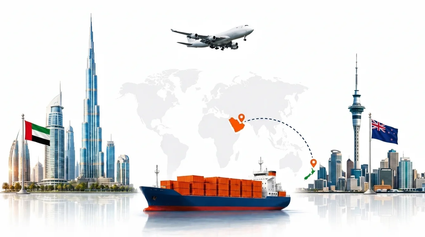 A wide pencil-style drawing of the Dubai to New Zealand shipping lane: on the left the Dubai skyline with the Burj Khalifa and the UAE flag, on the right the Auckland skyline with the Sky Tower and the New Zealand flag, joined by a dotted route across a pale world map with a container ship below and an aircraft above