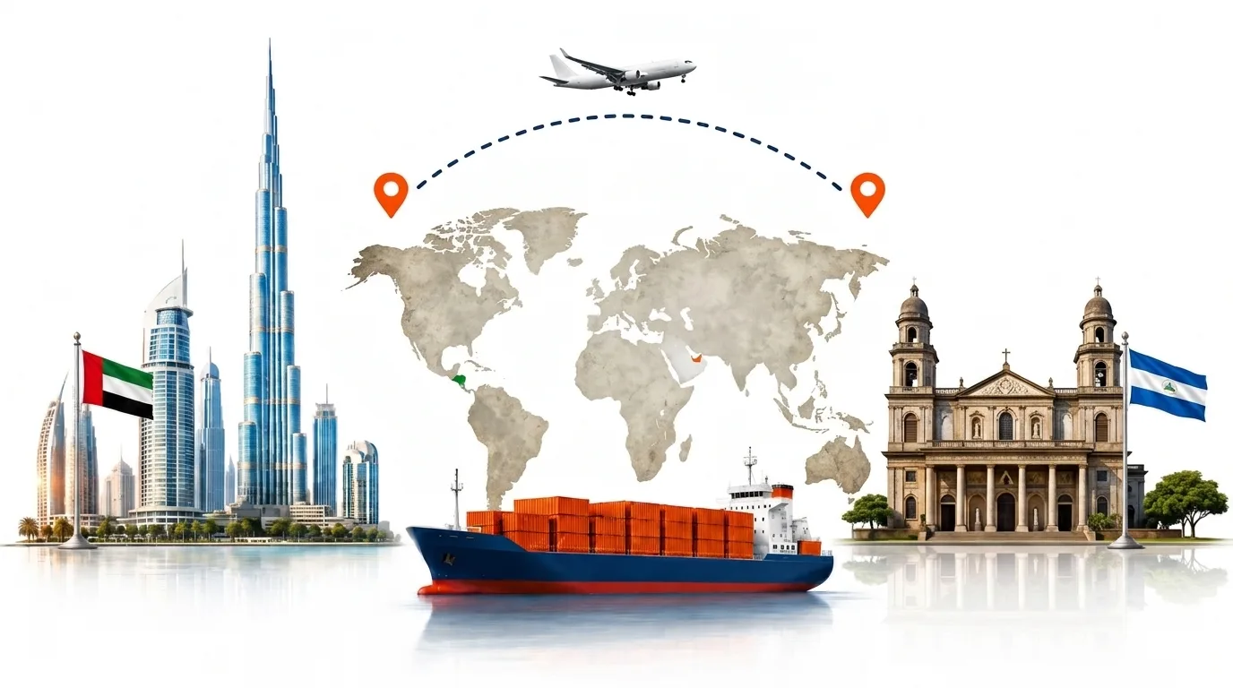 A wide pencil-style drawing of the Dubai to Nicaragua shipping lane: on the left the Dubai skyline with the Burj Khalifa and the UAE flag, on the right the colonial cathedral of Granada with a volcano behind and the Nicaraguan flag, joined by a dotted route across a pale world map with a container ship below and an aircraft above
