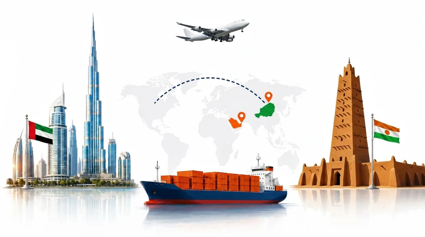 A wide pencil-style drawing of the Dubai to Niger shipping lane: on the left the Dubai skyline with the Burj Khalifa and the UAE flag, on the right a Niger landmark and the national flag, joined by a dotted route across a pale world map with a container ship below and an aircraft above