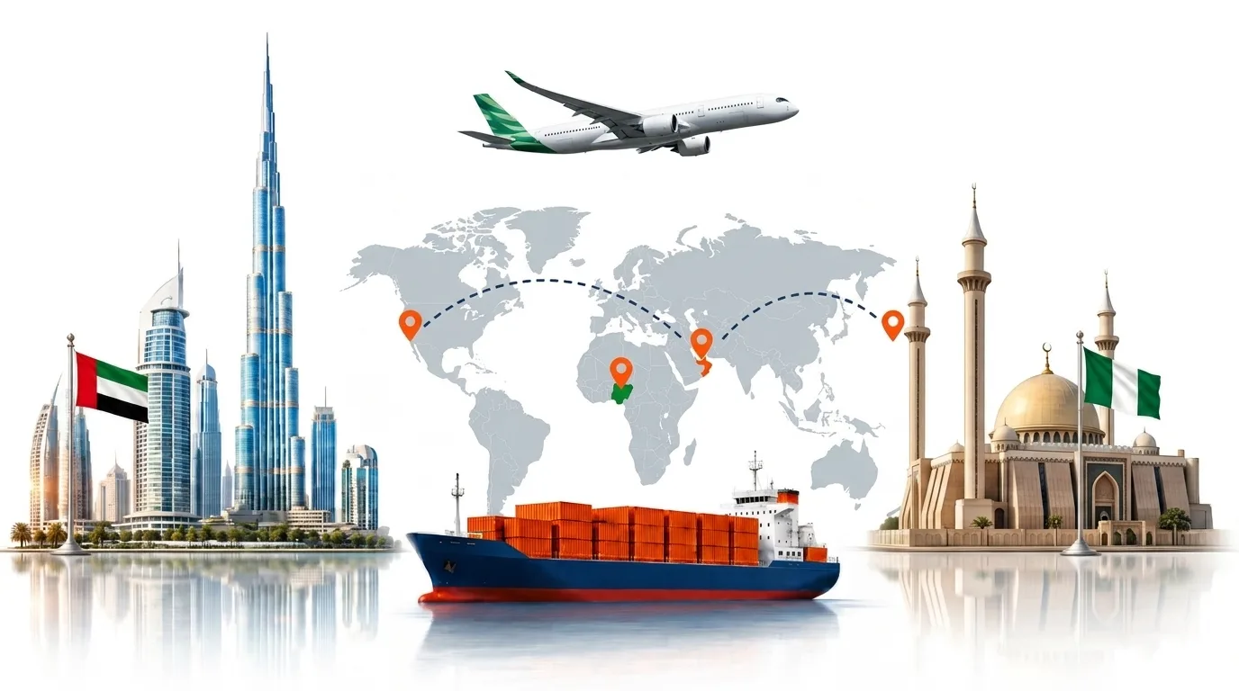 A wide pencil-style drawing of the Dubai to Nigeria shipping lane: on the left a globe traced with dotted flight paths, an airliner, a container ship loaded with orange containers and the Dubai skyline behind the UAE flag; on the right the outline of Nigeria with its national flag, a landmark, quayside cranes and a second vessel, the two joined by a dotted route across the frame