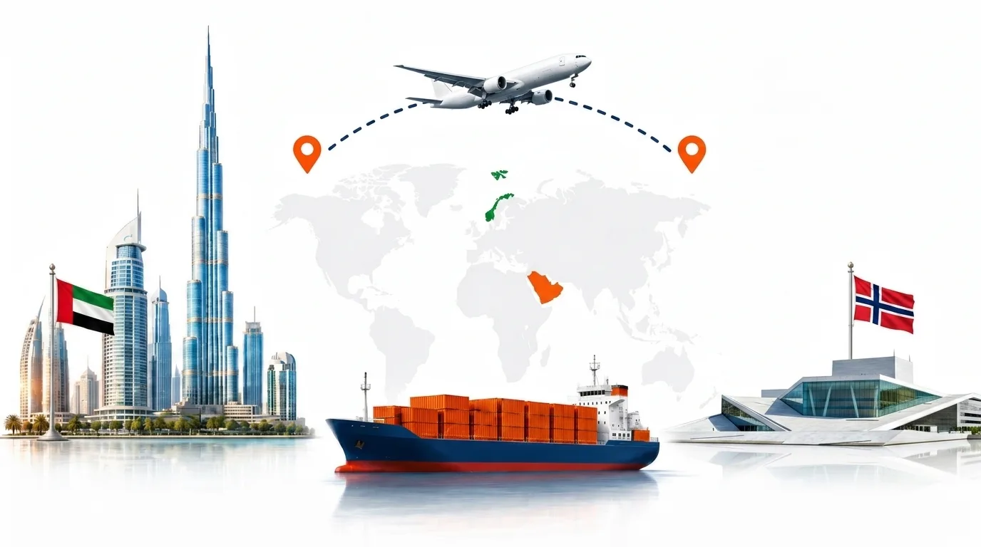 A wide pencil-style drawing of the Dubai to Norway shipping lane: on the left the Dubai skyline with the Burj Khalifa and the UAE flag, on the right a Norwegian fjord with the Oslo opera house and the Norwegian flag, joined by a dotted route across a pale world map with a container ship below and an aircraft above
