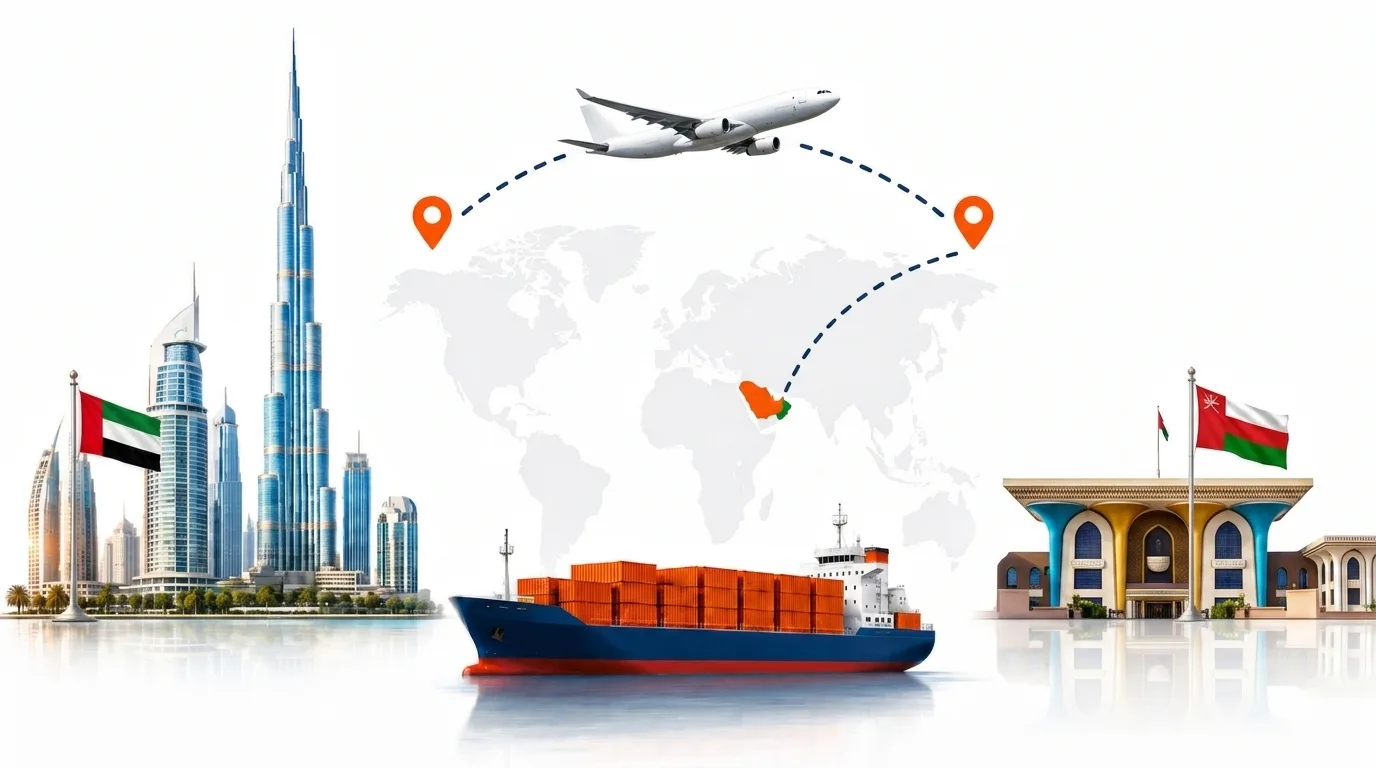 A wide pencil-style drawing of the Dubai to Oman shipping lane: on the left a globe traced with dotted flight paths, an airliner, a container ship loaded with orange containers and the Dubai skyline behind the UAE flag; on the right the outline of Oman with its national flag, a landmark, quayside cranes and a second vessel, the two joined by a dotted route across the frame