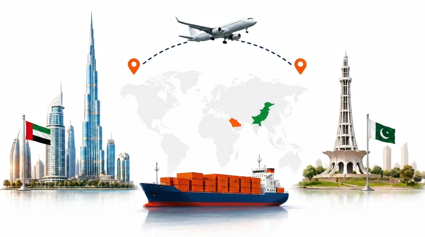 A photographic composite of the Dubai to Pakistan shipping lane: on the left the Burj Khalifa and the Dubai skyline under the UAE flag with a container truck, in the centre a container ship loaded with orange containers over a world map with the UAE and Pakistan picked out and a dashed route arc between two pins, and on the right the Minar-e-Pakistan tower under the Pakistani flag with a second container truck. The words Dubai, UAE and Pakistan are printed in the image.