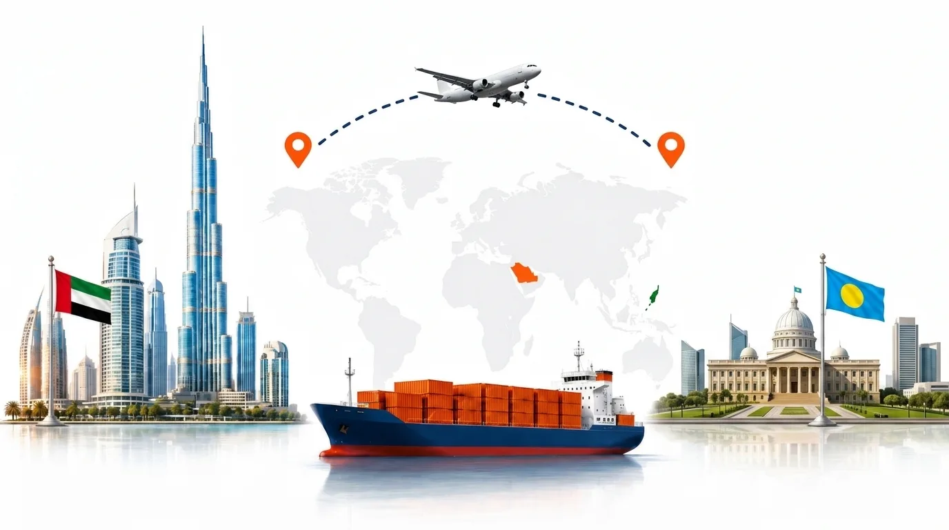 A wide pencil-style drawing of the Dubai to Palau shipping lane: on the left the Dubai skyline with the Burj Khalifa and the UAE flag, on the right the limestone rock islands and lagoon at Koror with the Palau flag, joined by a dotted route across a pale world map with a container ship below and an aircraft above
