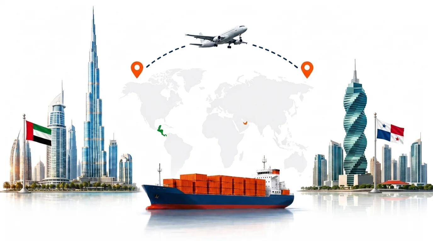 A wide pencil-style drawing of the Dubai to Panama shipping lane: on the left the Dubai skyline with the Burj Khalifa and the UAE flag, on the right the Panama Canal locks with the Panama City skyline behind and the Panamanian flag, joined by a dotted route across a pale world map with a container ship below and an aircraft above