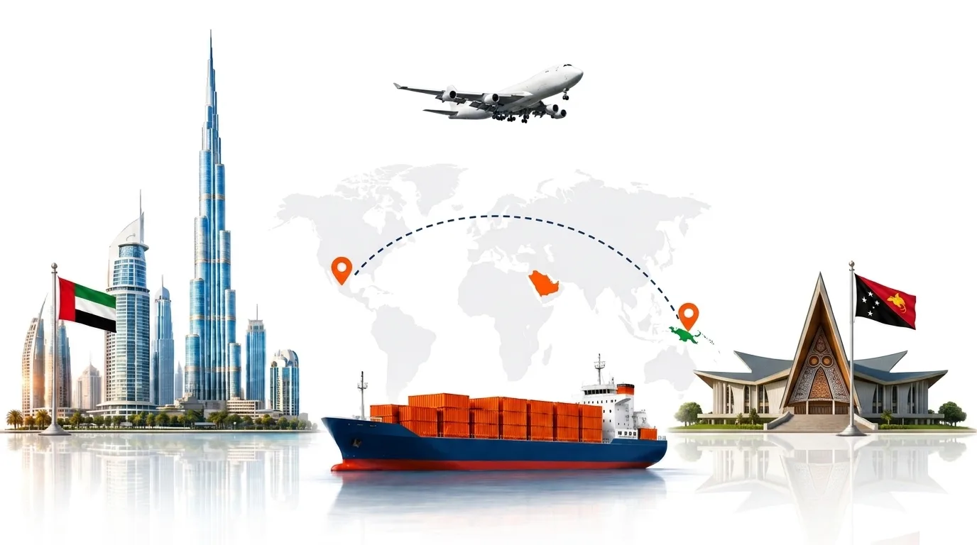 A wide pencil-style drawing of the Dubai to Papua New Guinea shipping lane: on the left the Dubai skyline with the Burj Khalifa and the UAE flag, on the right the forested highlands above Port Moresby and the Papua New Guinea flag, joined by a dotted route across a pale world map with a container ship below and an aircraft above