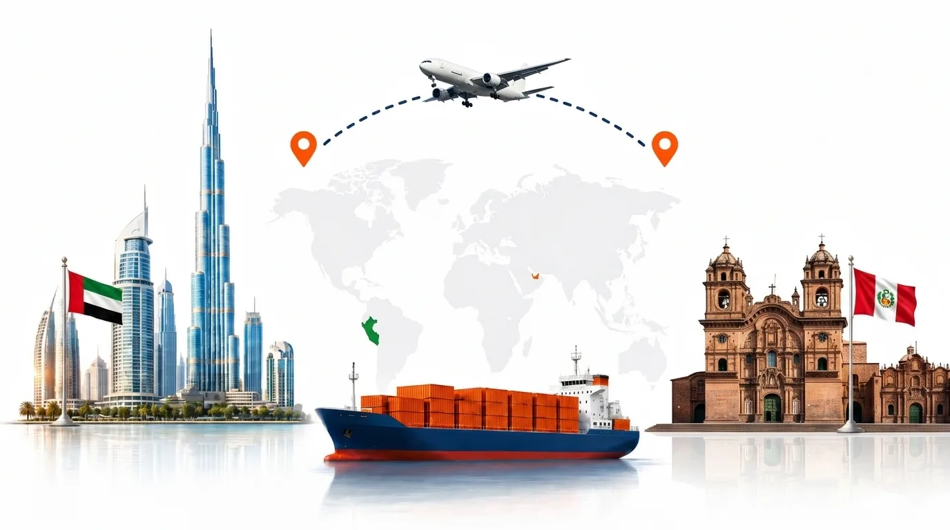 A wide pencil-style drawing of the Dubai to Peru shipping lane: on the left the Dubai skyline with the Burj Khalifa and the UAE flag, on the right the Andes above Machu Picchu and the Peruvian flag, joined by a dotted route across a pale world map with a container ship below and an aircraft above