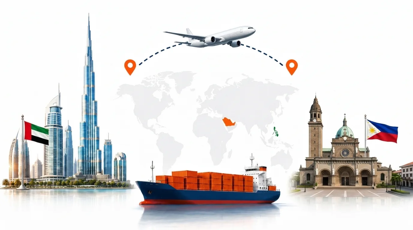 A wide pencil-style drawing of the Dubai to Philippines shipping lane: on the left the Dubai skyline with the Burj Khalifa and the UAE flag, on the right the Manila skyline with Rizal Park and the Philippine flag, joined by a dotted route across a pale world map with a container ship below and an aircraft above