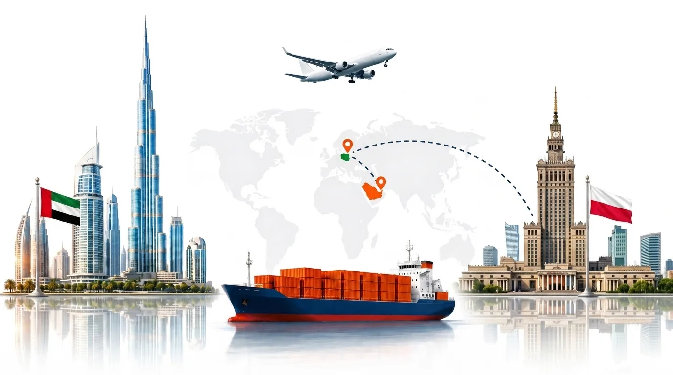 A wide pencil-style drawing of the Dubai to Poland shipping lane: on the left the Dubai skyline with the Burj Khalifa and the UAE flag, on the right the old town of Gdansk with its crane on the waterfront and the Polish flag, joined by a dotted route across a pale world map with a container ship below and an aircraft above