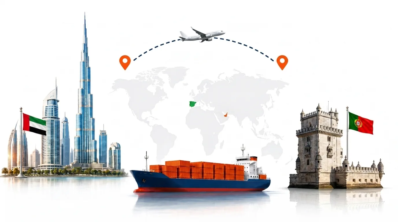 A wide pencil-style drawing of the Dubai to Portugal shipping lane: on the left the Dubai skyline with the Burj Khalifa and the UAE flag, on the right the Belem Tower in Lisbon and the Portuguese flag, joined by a dotted route across a pale world map with a container ship below and an aircraft above