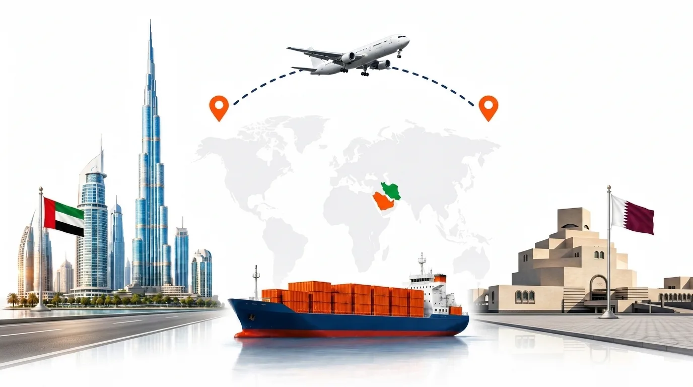 A wide pencil-style drawing of the Dubai to Qatar shipping lane: on the left a globe traced with dotted flight paths, an airliner, a container ship loaded with orange containers and the Dubai skyline behind the UAE flag; on the right the outline of Qatar with its national flag, a landmark, quayside cranes and a second vessel, the two joined by a dotted route across the frame