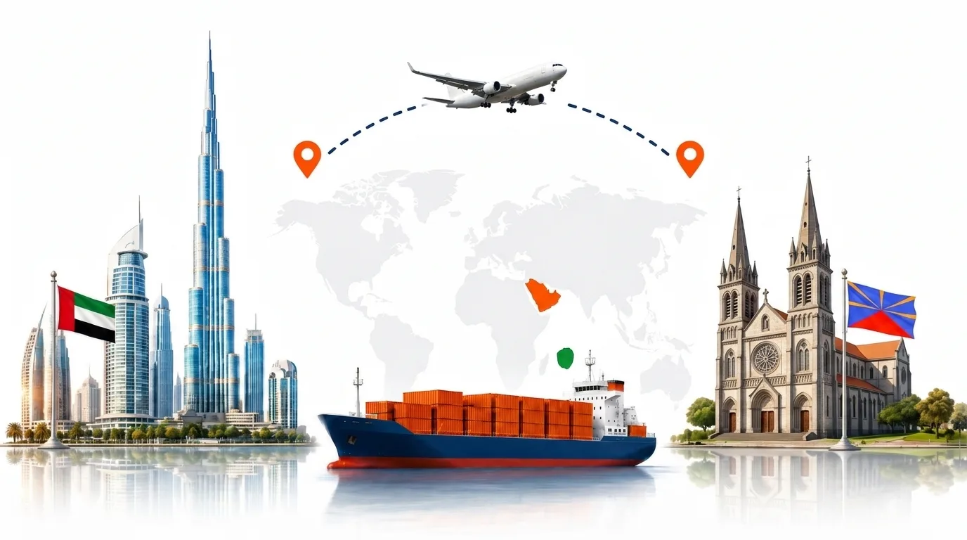 A wide pencil-style drawing of the Dubai to Réunion shipping lane: on the left the Dubai skyline with the Burj Khalifa and the UAE flag, on the right a Réunion landmark and the flag, joined by a dotted route across a pale world map with a container ship below and an aircraft above