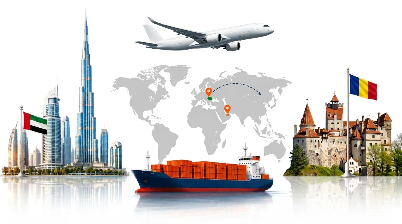 A wide pencil-style drawing of the Dubai to Romania shipping lane: on the left the Dubai skyline with the Burj Khalifa and the UAE flag, on the right the Palace of the Parliament in Bucharest and the Romanian flag, joined by a dotted route across a pale world map with a container ship below and an aircraft above