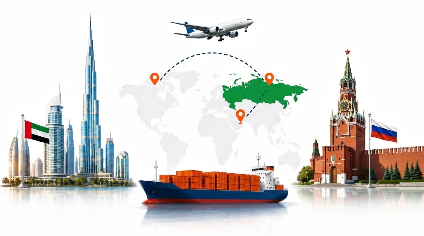 A wide pencil-style drawing of the Dubai to Russia shipping lane: on the left a globe traced with dotted flight paths, an airliner, a container ship loaded with orange containers and the Dubai skyline behind the UAE flag; on the right the outline of Russia with its national flag, a landmark, quayside cranes and a second vessel, the two joined by a dotted route across the frame