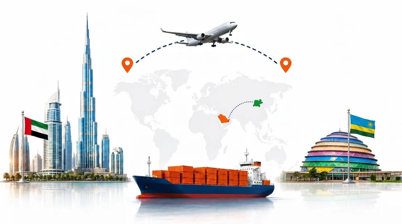 A wide pencil-style drawing of the Dubai to Rwanda shipping lane: on the left the Dubai skyline with the Burj Khalifa and the UAE flag, on the right a Rwanda landmark and the national flag, joined by a dotted route across a pale world map with a container ship below and an aircraft above