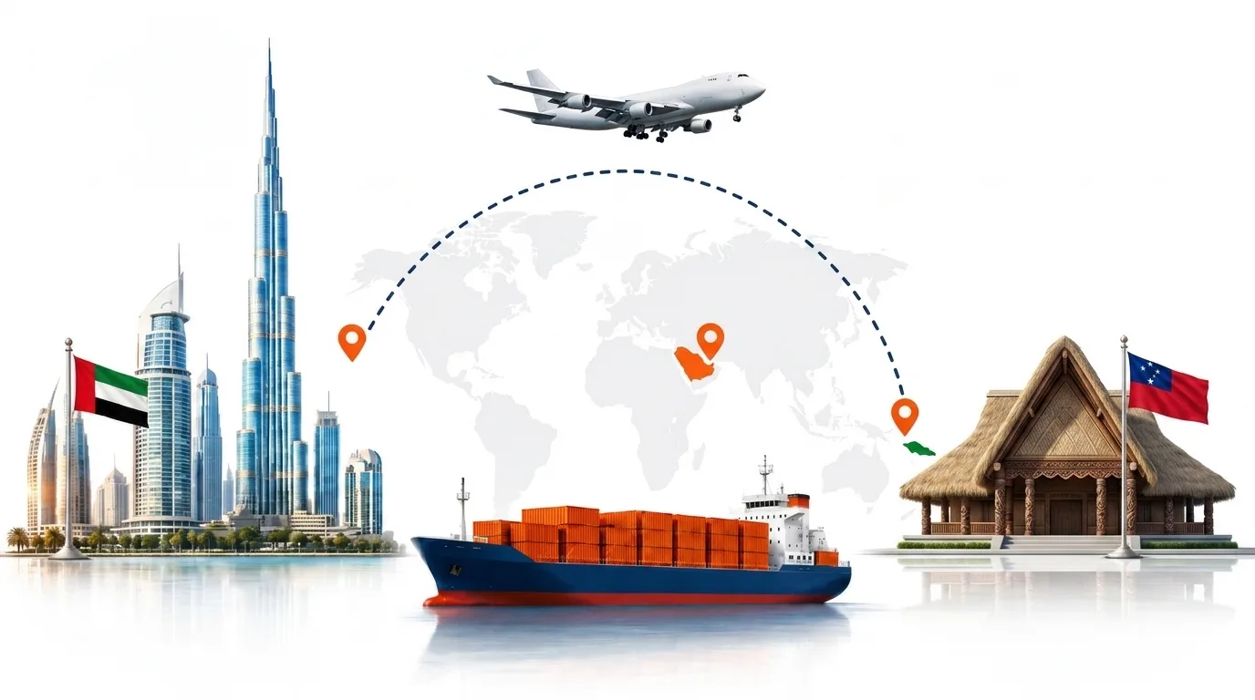 A wide pencil-style drawing of the Dubai to Samoa shipping lane: on the left the Dubai skyline with the Burj Khalifa and the UAE flag, on the right the Apia waterfront with palms and the Samoan flag, joined by a dotted route across a pale world map with a container ship below and an aircraft above