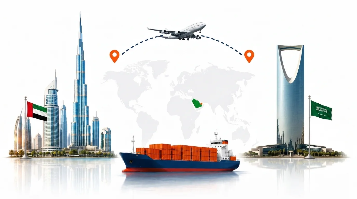 A wide pencil-style drawing of the Dubai to Saudi Arabia shipping lane: on the left a globe traced with dotted flight paths, an airliner, a container ship loaded with orange containers and the Dubai skyline behind the UAE flag; on the right the outline of Saudi Arabia with its national flag, a landmark, quayside cranes and a second vessel, the two joined by a dotted route across the frame
