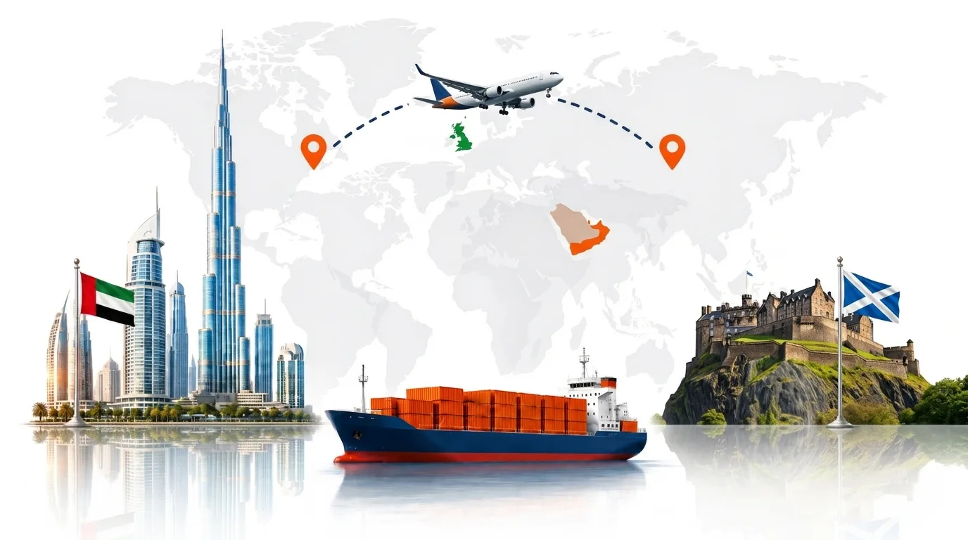 A wide pencil-style drawing of the Dubai to Scotland shipping lane: on the left the Dubai skyline with the Burj Khalifa and the UAE flag, on the right Edinburgh Castle on its crag and the Scottish flag, joined by a dotted route across a pale world map with a container ship below and an aircraft above