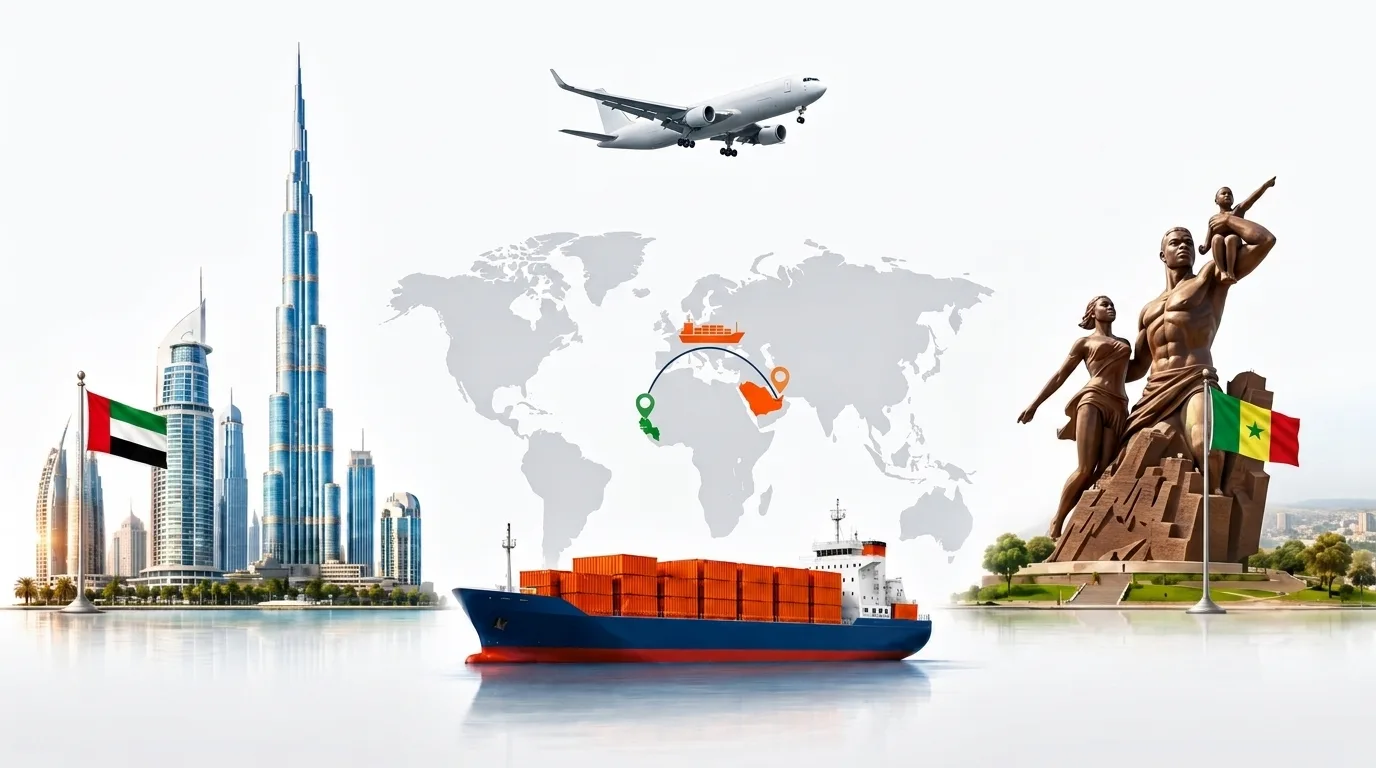 A wide pencil-style drawing of the Dubai to Senegal shipping lane: on the left the Dubai skyline with the Burj Khalifa and the UAE flag, on the right a Senegal landmark and the national flag, joined by a dotted route across a pale world map with a container ship below and an aircraft above