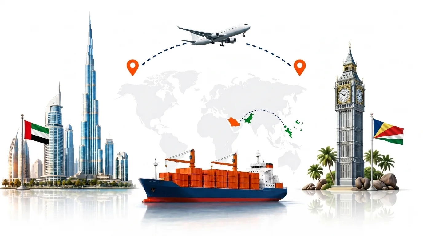 A wide pencil-style drawing of the Dubai to Seychelles shipping lane: on the left the Dubai skyline with the Burj Khalifa and the UAE flag, on the right a Seychelles landmark and the national flag, joined by a dotted route across a pale world map with a container ship below and an aircraft above