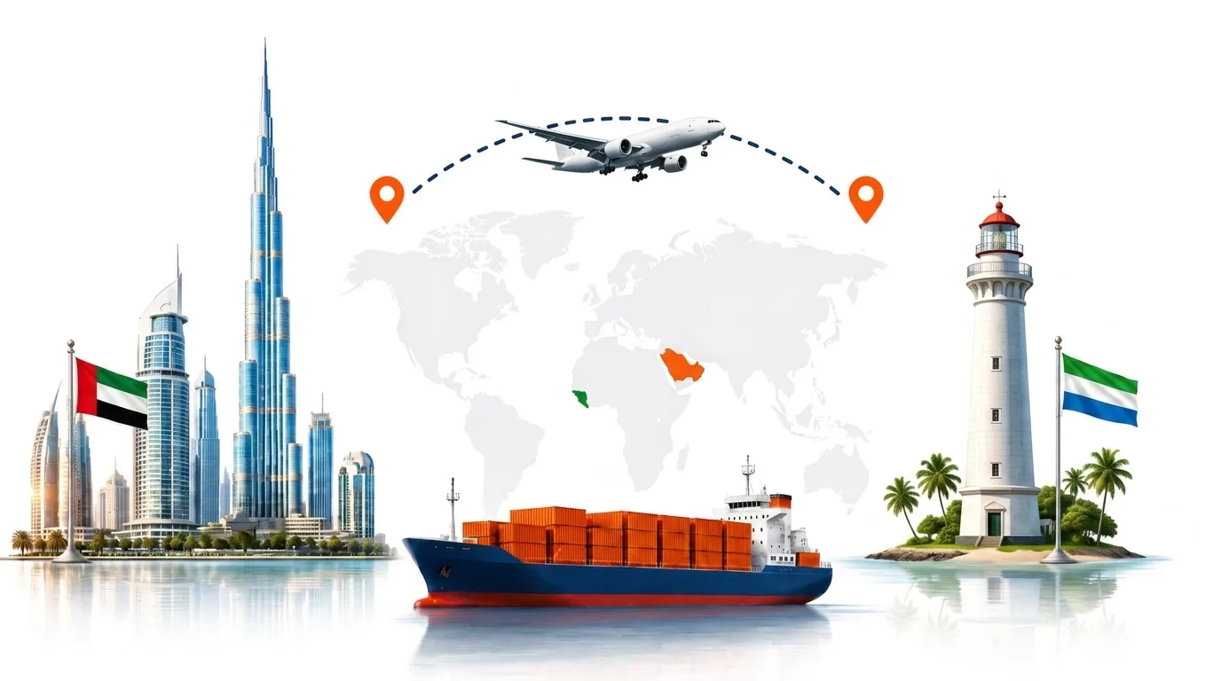 A wide pencil-style drawing of the Dubai to Sierra Leone shipping lane: on the left the Dubai skyline with the Burj Khalifa and the UAE flag, on the right a Sierra Leone landmark and the national flag, joined by a dotted route across a pale world map with a container ship below and an aircraft above