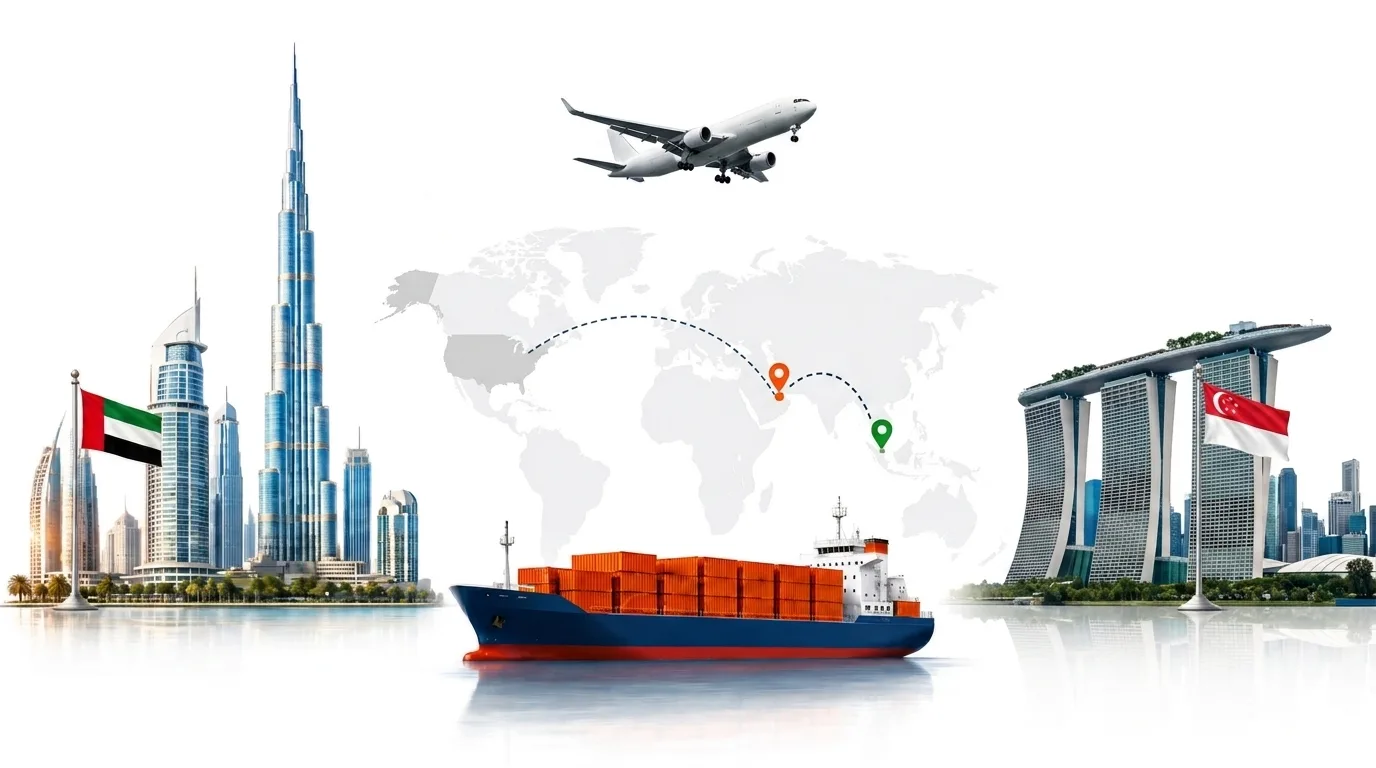 A wide pencil-style drawing of the Dubai to Singapore shipping lane: on the left the Dubai skyline with the Burj Khalifa and the UAE flag, on the right the Singapore skyline with the Marina Bay waterfront and the national flag, joined by a dotted route across a pale world map with a container ship below and an aircraft above