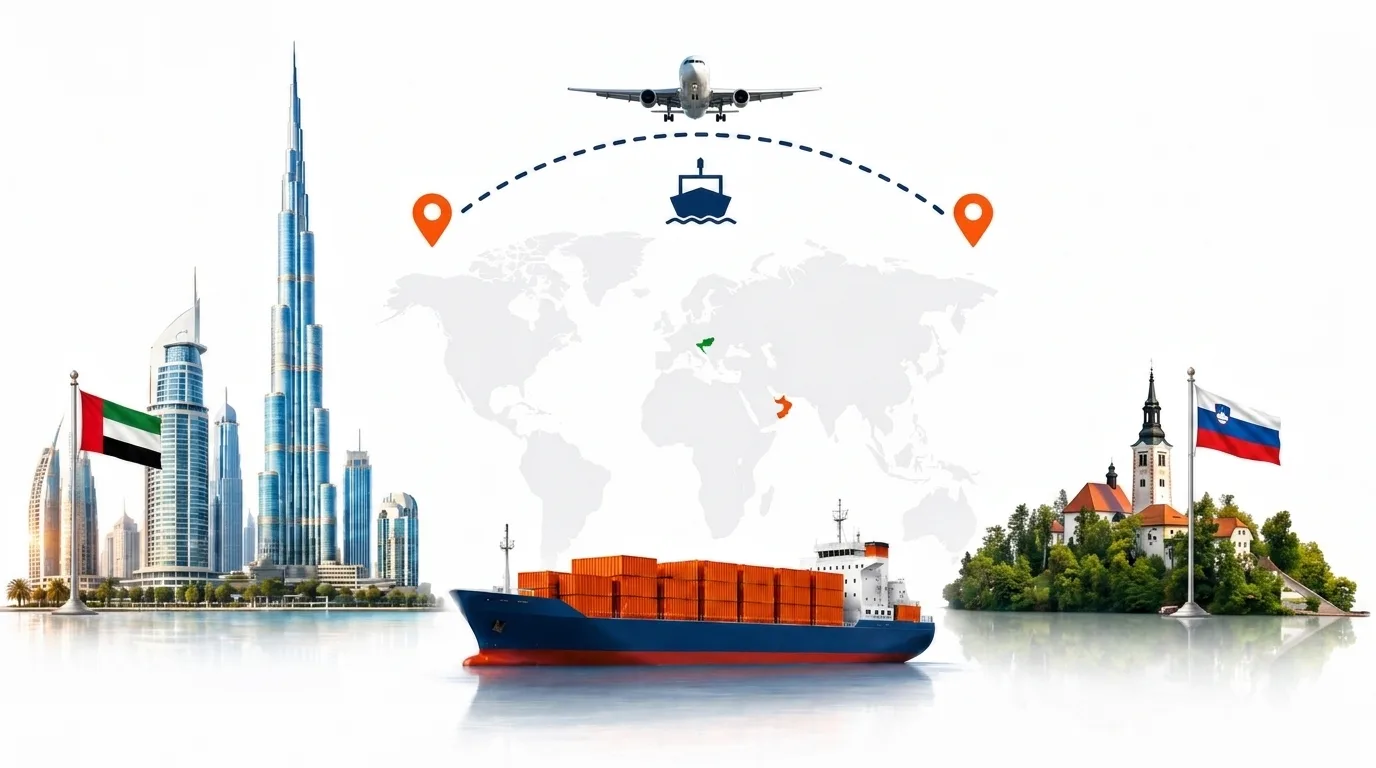 A wide pencil-style drawing of the Dubai to Slovenia shipping lane: on the left the Dubai skyline with the Burj Khalifa and the UAE flag, on the right Lake Bled with its island church and the Slovenian flag, joined by a dotted route across a pale world map with a container ship below and an aircraft above