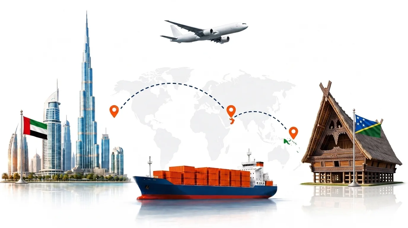 A wide pencil-style drawing of the Dubai to Solomon Islands shipping lane: on the left the Dubai skyline with the Burj Khalifa and the UAE flag, on the right the forested coastline at Honiara with the Solomon Islands flag, joined by a dotted route across a pale world map with a container ship below and an aircraft above