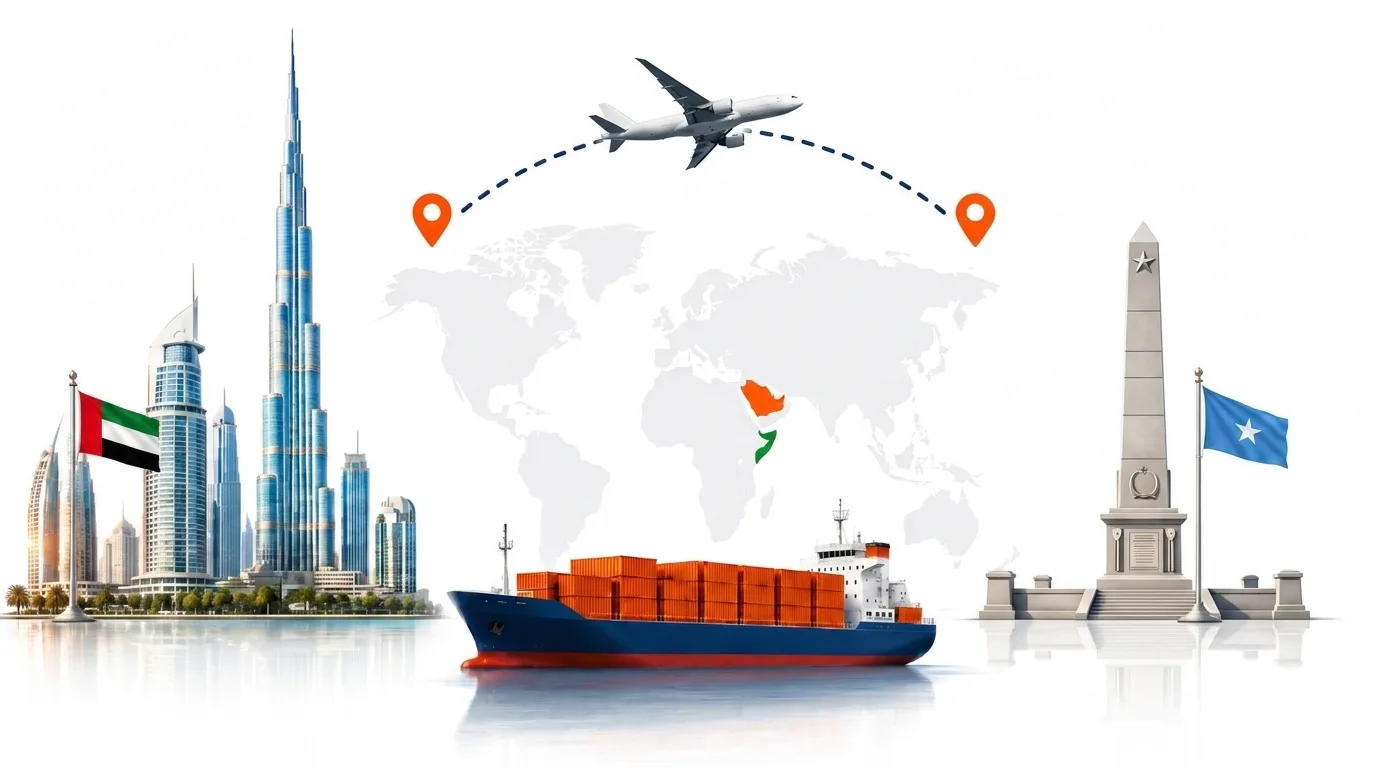 A wide pencil-style drawing of the Dubai to Somalia shipping lane: on the left the Dubai skyline with the Burj Khalifa and the UAE flag, on the right a Somalia landmark and the national flag, joined by a dotted route across a pale world map with a container ship below and an aircraft above