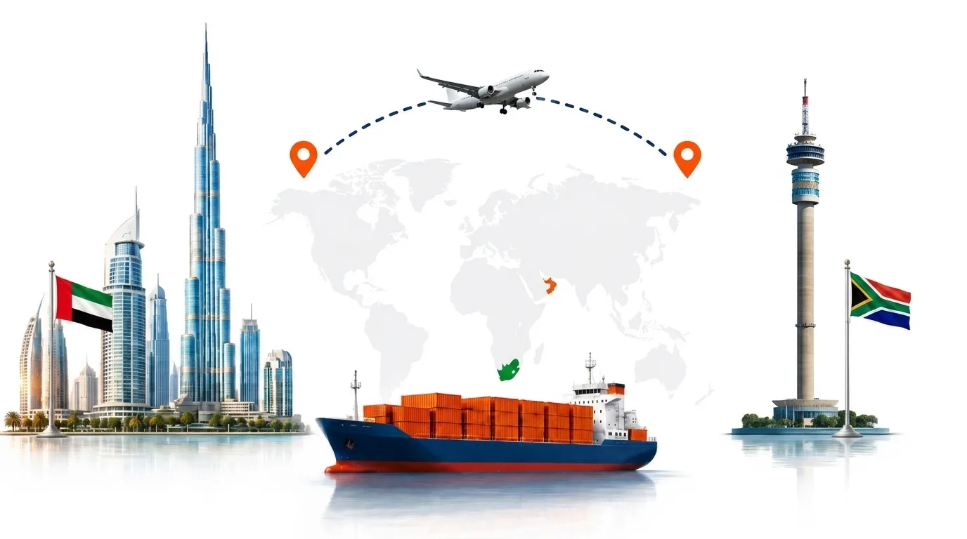 A wide pencil-style drawing of the Dubai to South Africa shipping lane: on the left a globe traced with dotted flight paths, an airliner, a container ship loaded with orange containers and the Dubai skyline behind the UAE flag; on the right the outline of South Africa with its national flag, a landmark, quayside cranes and a second vessel, the two joined by a dotted route across the frame