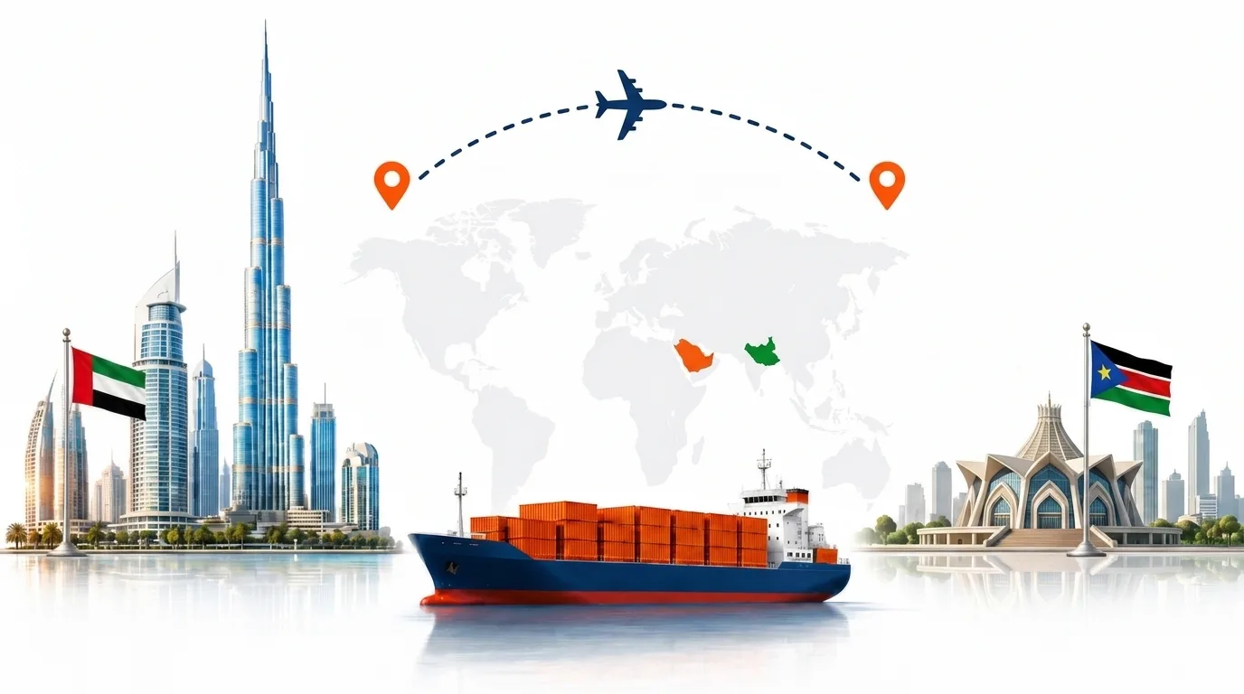 A wide pencil-style drawing of the Dubai to South Sudan shipping lane: on the left the Dubai skyline with the Burj Khalifa and the UAE flag, on the right a South Sudan landmark and the national flag, joined by a dotted route across a pale world map with a container ship below and an aircraft above