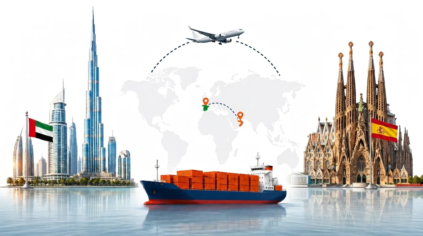 A wide pencil-style drawing of the Dubai to Spain shipping lane: on the left the Dubai skyline with the Burj Khalifa and the UAE flag, on the right the Sagrada Familia in Barcelona and the Spanish flag, joined by a dotted route across a pale world map with a container ship below and an aircraft above