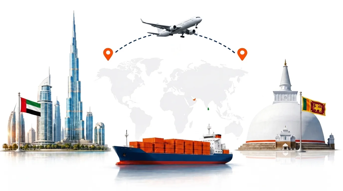 A wide pencil-style drawing of the Dubai to Sri Lanka shipping lane: on the left a globe traced with dotted flight paths, an airliner, a container ship loaded with orange containers and the Dubai skyline behind the UAE flag; on the right the outline of Sri Lanka with its national flag, a landmark, quayside cranes and a second vessel, the two joined by a dotted route across the frame
