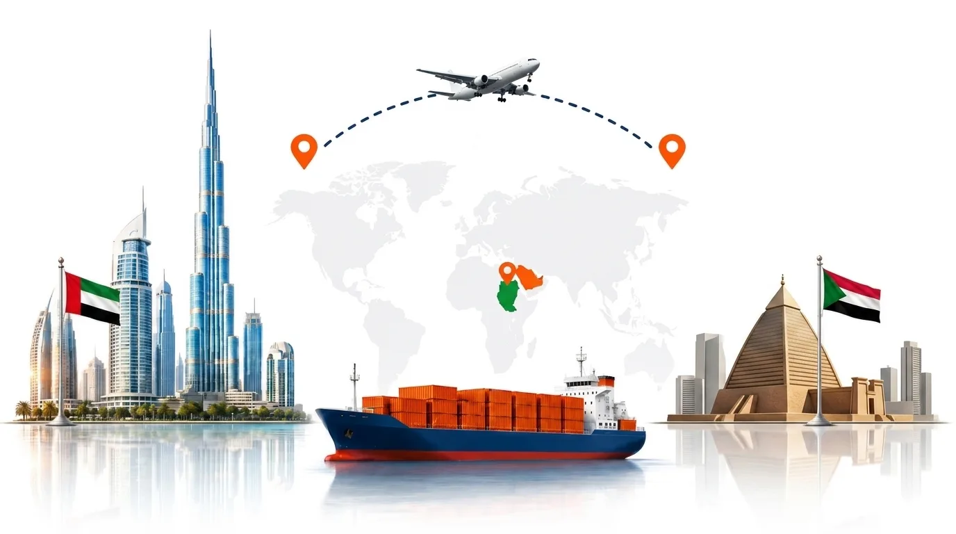 A wide pencil-style drawing of the Dubai to Sudan shipping lane: on the left a globe traced with dotted flight paths, an airliner, a container ship loaded with orange containers and the Dubai skyline behind the UAE flag; on the right the outline of Sudan with its national flag, a landmark, quayside cranes and a second vessel, the two joined by a dotted route across the frame