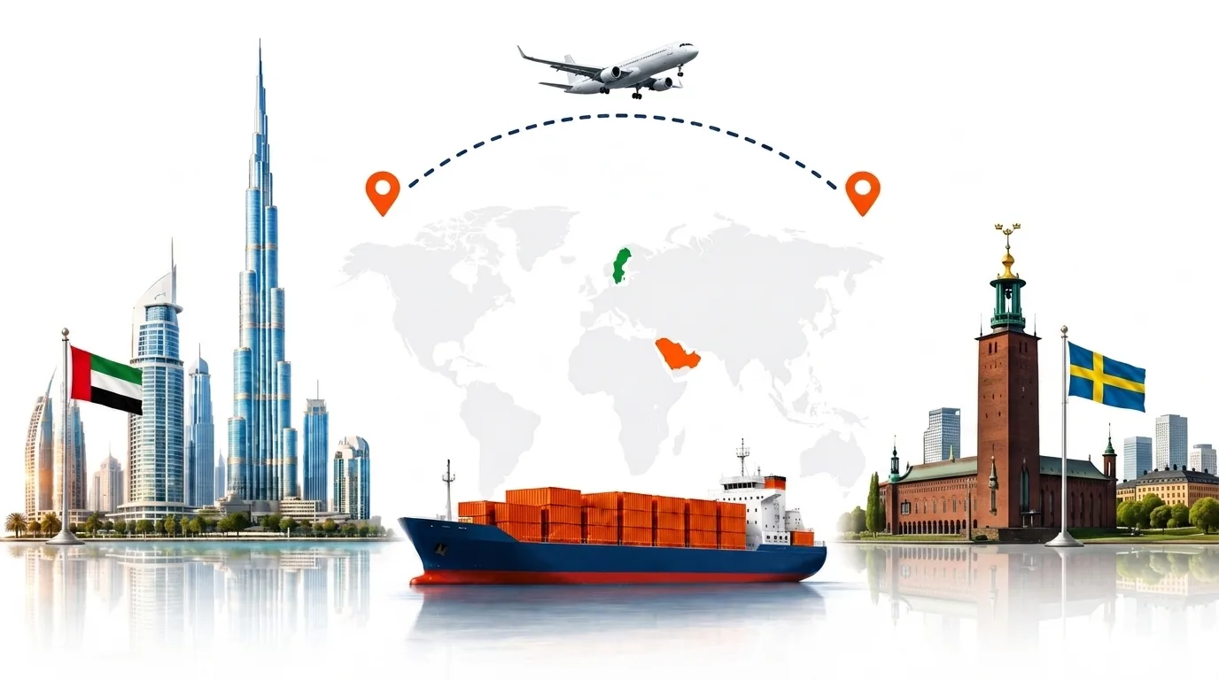 A wide pencil-style drawing of the Dubai to Sweden shipping lane: on the left the Dubai skyline with the Burj Khalifa and the UAE flag, on the right the Gamla Stan waterfront in Stockholm and the Swedish flag, joined by a dotted route across a pale world map with a container ship below and an aircraft above