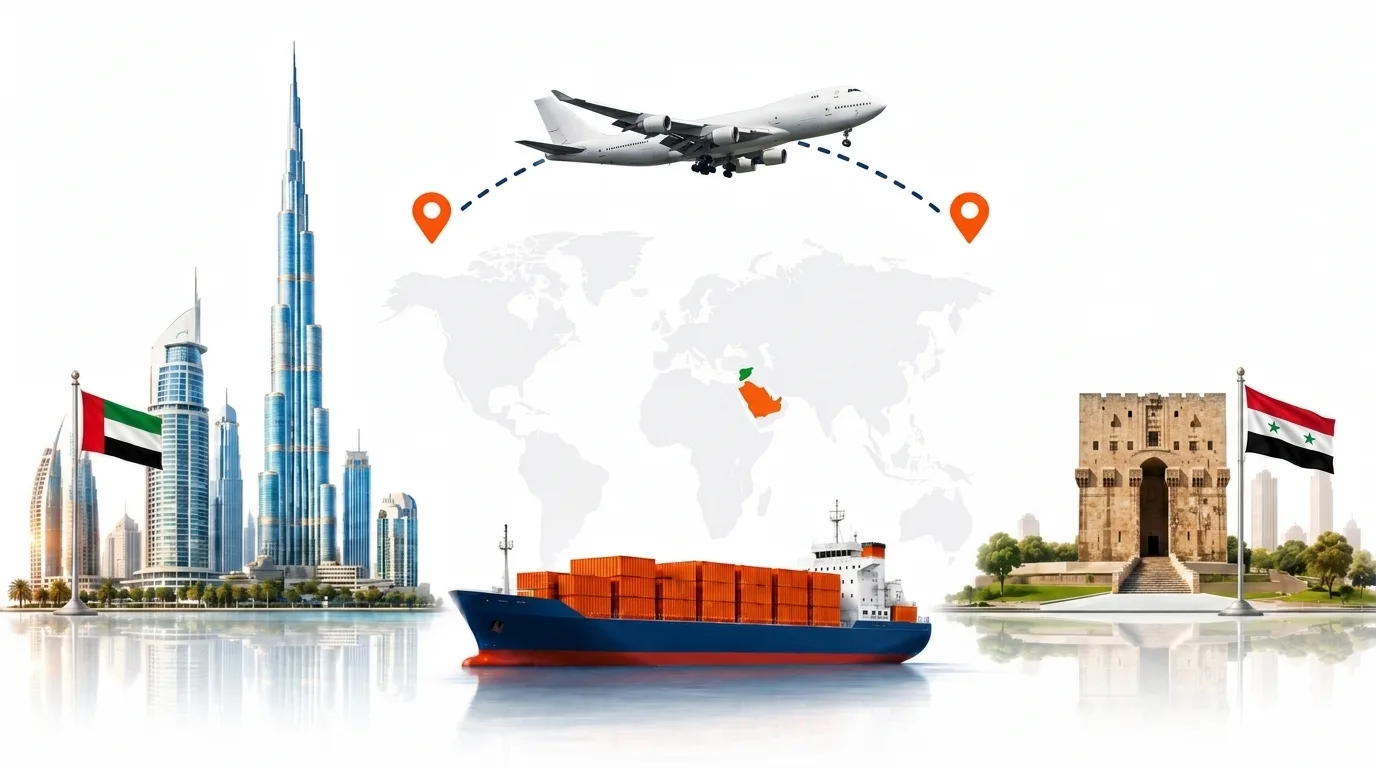 A wide pencil-style drawing of the Dubai to Syria shipping lane: on the left a globe traced with dotted flight paths, an airliner, a container ship loaded with orange containers and the Dubai skyline behind the UAE flag; on the right the outline of Syria with its national flag, a landmark, quayside cranes and a second vessel, the two joined by a dotted route across the frame