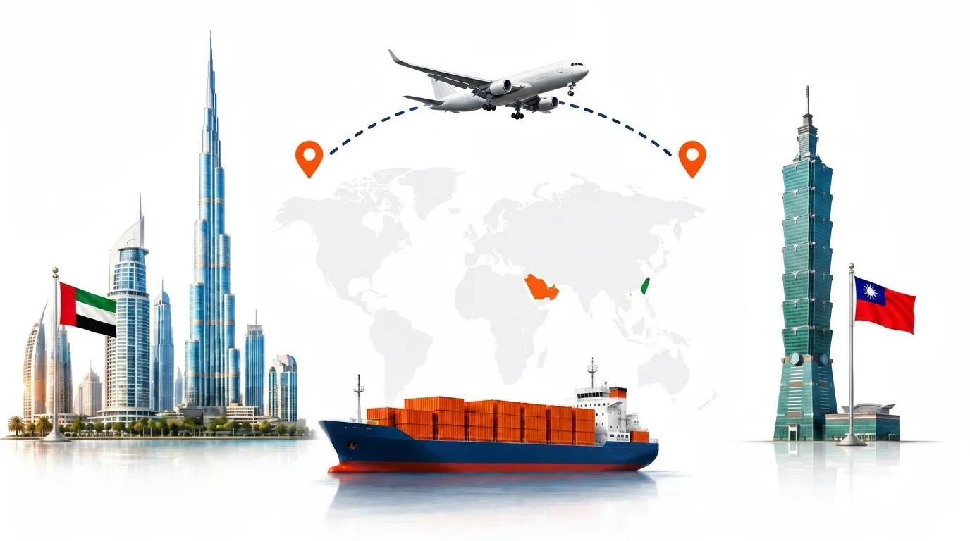 A wide pencil-style drawing of the Dubai to Taiwan shipping lane: on the left the Dubai skyline with the Burj Khalifa and the UAE flag, on the right the Taipei skyline with Taipei 101 and the Taiwanese flag, joined by a dotted route across a pale world map with a container ship below and an aircraft above