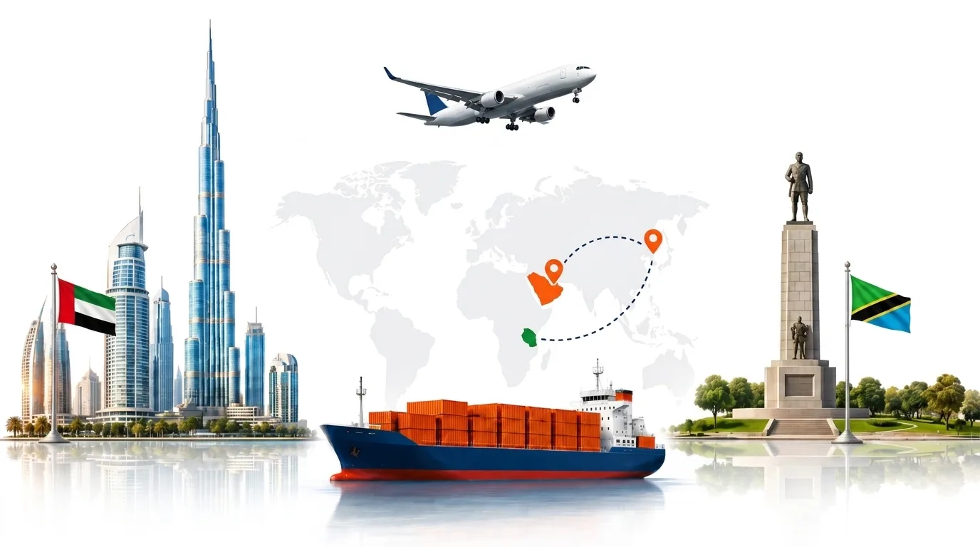 A wide pencil-style drawing of the Dubai to Tanzania shipping lane: on the left a globe traced with dotted flight paths, an airliner, a container ship loaded with orange containers and the Dubai skyline behind the UAE flag; on the right the outline of Tanzania with its national flag, a landmark, quayside cranes and a second vessel, the two joined by a dotted route across the frame