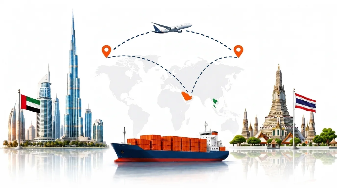 A wide pencil-style drawing of the Dubai to Thailand shipping lane: on the left the Dubai skyline with the Burj Khalifa and the UAE flag, on the right a Bangkok temple roofline with the Thai flag, joined by a dotted route across a pale world map with a container ship below and an aircraft above