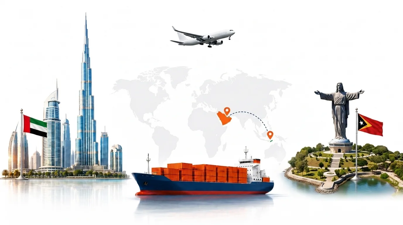 A wide pencil-style drawing of the Dubai to Timor-Leste shipping lane: on the left the Dubai skyline with the Burj Khalifa and the UAE flag, on the right the Cristo Rei statue above Dili and the Timor-Leste flag, joined by a dotted route across a pale world map with a container ship below and an aircraft above