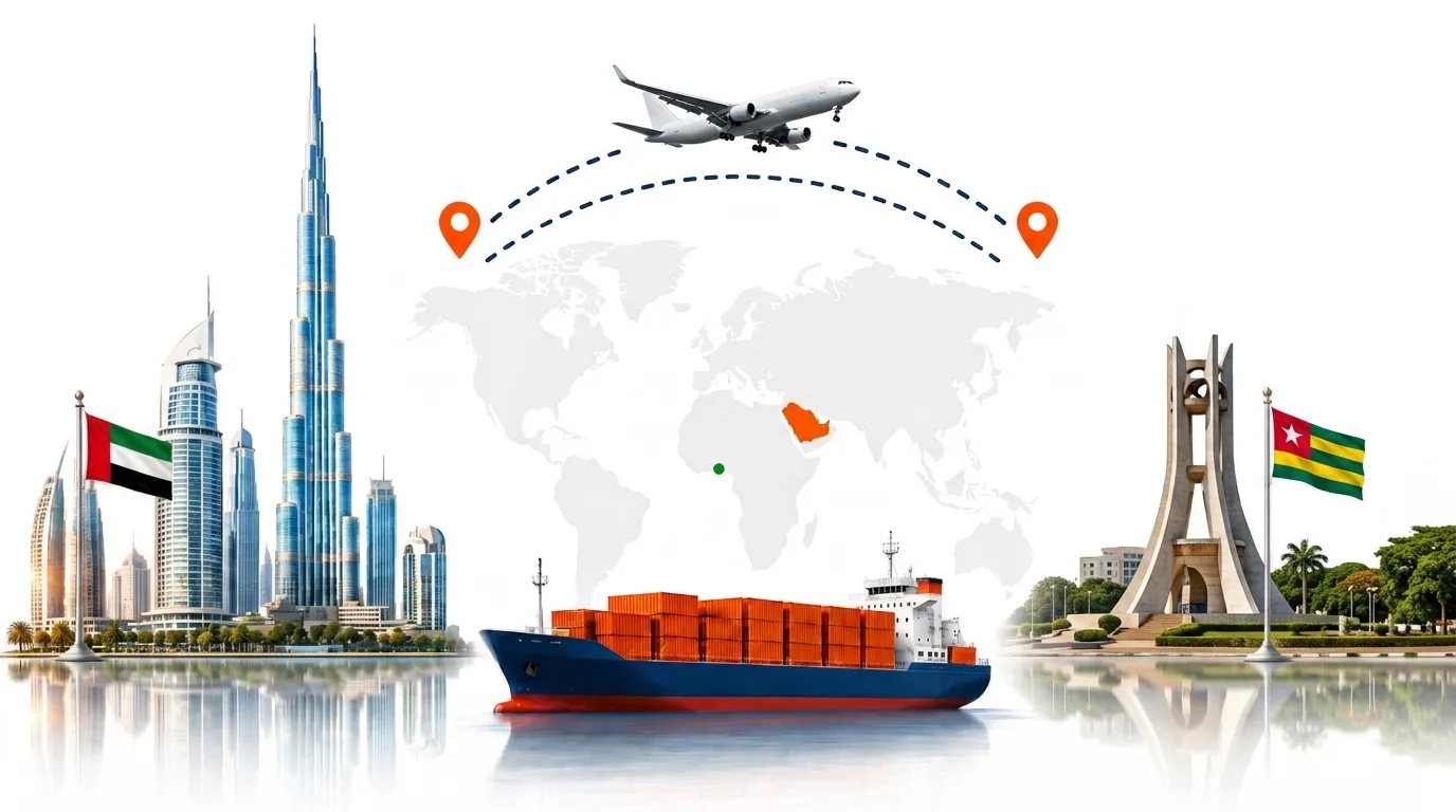 A wide pencil-style drawing of the Dubai to Togo shipping lane: on the left the Dubai skyline with the Burj Khalifa and the UAE flag, on the right a Togo landmark and the national flag, joined by a dotted route across a pale world map with a container ship below and an aircraft above