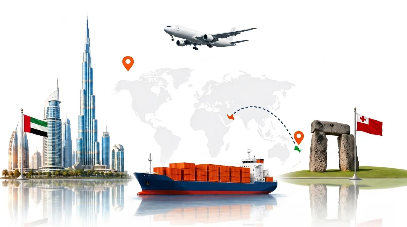 A wide pencil-style drawing of the Dubai to Tonga shipping lane: on the left the Dubai skyline with the Burj Khalifa and the UAE flag, on the right the Nuku’alofa waterfront with palms and the Tongan flag, joined by a dotted route across a pale world map with a container ship below and an aircraft above