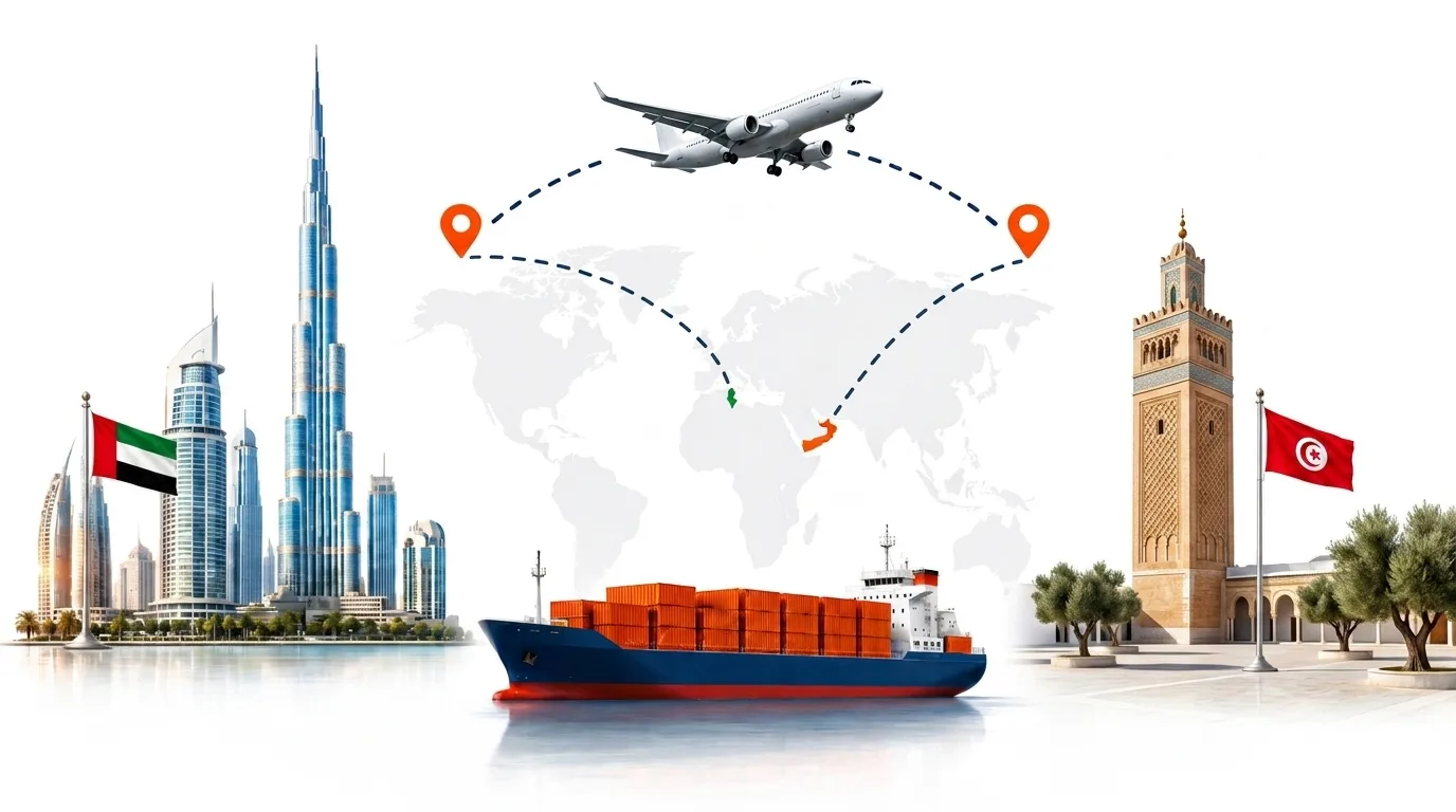 A wide pencil-style drawing of the Dubai to Tunisia shipping lane: on the left the Dubai skyline with the Burj Khalifa and the UAE flag, on the right a Tunisia landmark and the national flag, joined by a dotted route across a pale world map with a container ship below and an aircraft above
