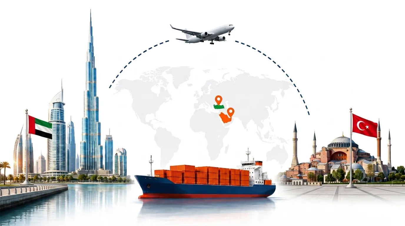 A wide pencil-style drawing of the Dubai to Türkiye shipping lane: on the left a globe traced with dotted flight paths, an airliner, a container ship loaded with orange containers and the Dubai skyline behind the UAE flag; on the right the outline of Türkiye with its national flag, a landmark, quayside cranes and a second vessel, the two joined by a dotted route across the frame